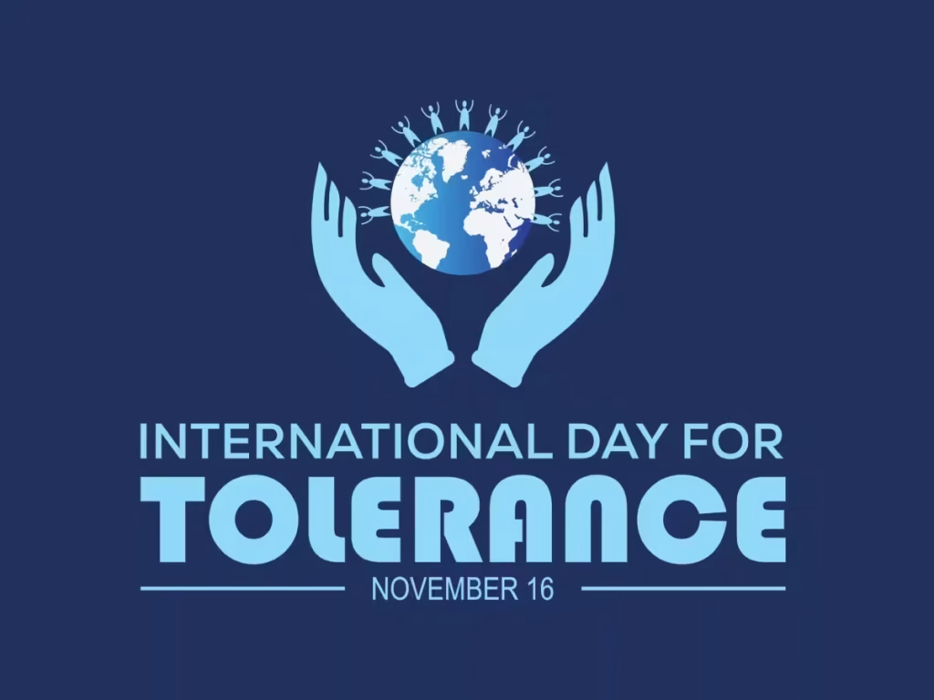 Blue graphic design for International Day for Tolerance, featuring a globe and human figures symbolizing unity and peace, marked November 16.