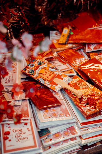 A colorful collection of Lunar New Year cards and decorations celebrating tradition and culture.